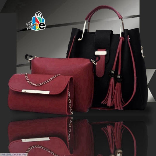 3-Piece Rexine Handbag Set Black Burgundy Tassel