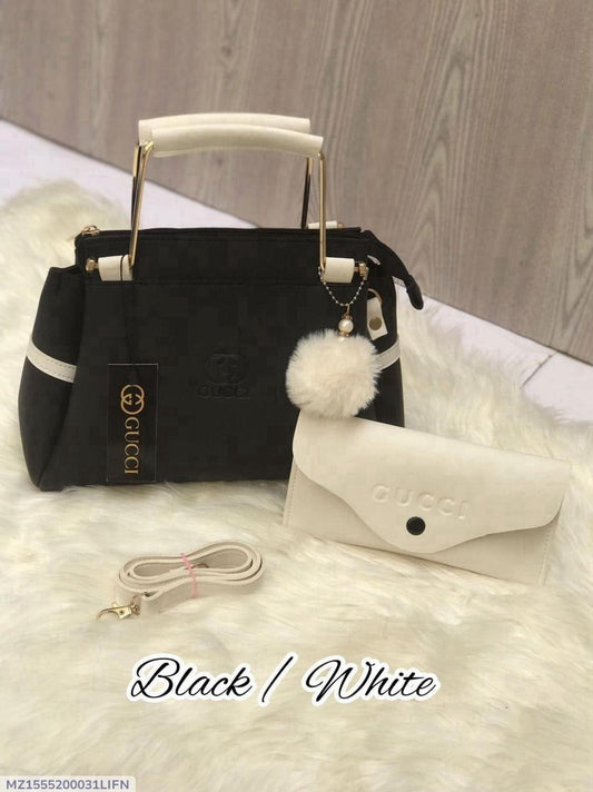 Girls Black White Rexine Handbag Set with Pouch