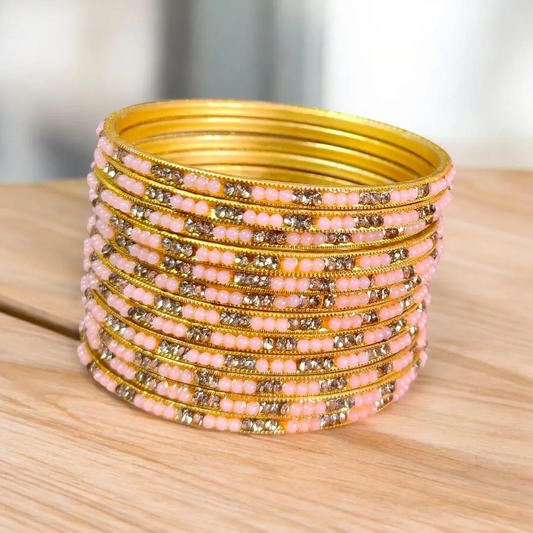 12-Piece Gold Plated Pink Crystal Kara Bangles Set