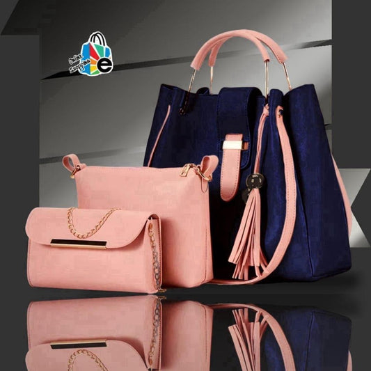 3-Piece Rexine Handbag Set Blue Pink Gold for Girls