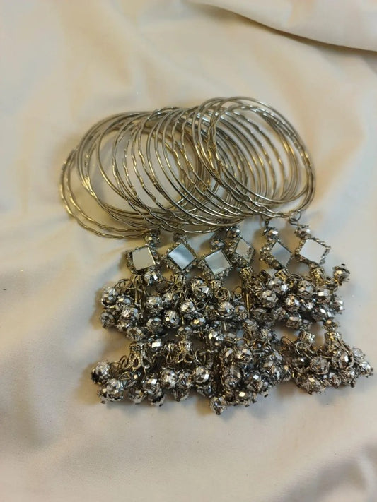 24-Piece Hanging Kara Bangles Silver Mirror Work