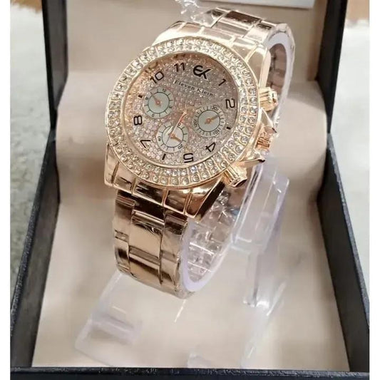 Women's Rose Gold Crystal Watch with 3 Sub-Dials