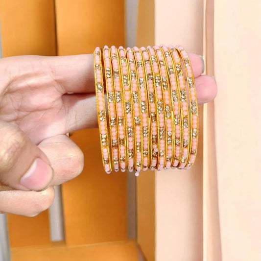 12-Piece Gold Plated Pink Crystal Kara Bangles Set