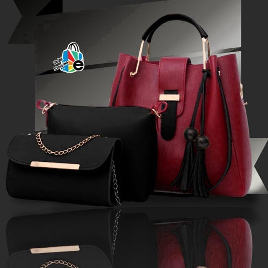 Save· 941 3-Piece Rexine Handbag Set Maroon Black Tassel