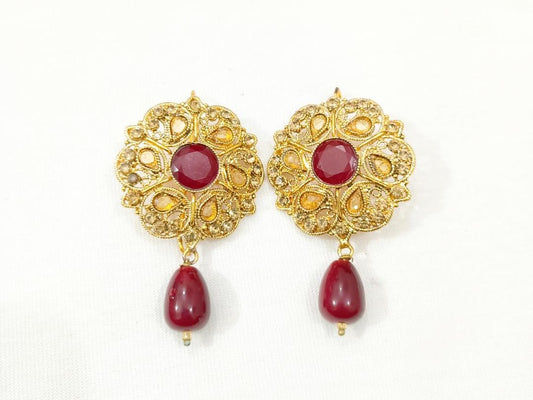 Maroon Drop Earrings Gold Tones Bridal Wear Set