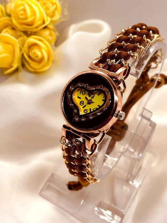 Heart-Shaped Yellow Dial Watch for Girls